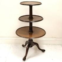 Antique mahogany 3 tier dumb waiter, on central turned column, terminating on tripod base, 110 cm