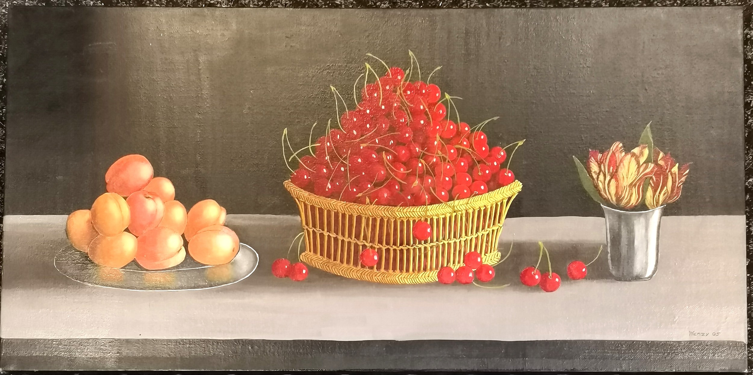 Wenzy- Loder 05 French Oil on canvas still life study of a basket of cherries, vase of tulips & a