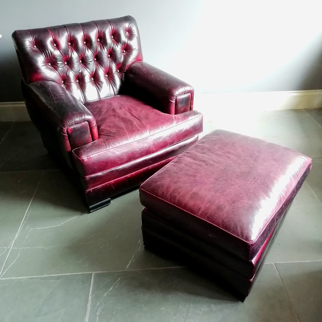 Ralph Lauren leather oxblood Errol Tufted armchair and matching stool - chair 90cm wide x 100cm deep