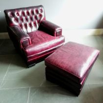 Ralph Lauren leather oxblood Errol Tufted armchair and matching stool - chair 90cm wide x 100cm deep