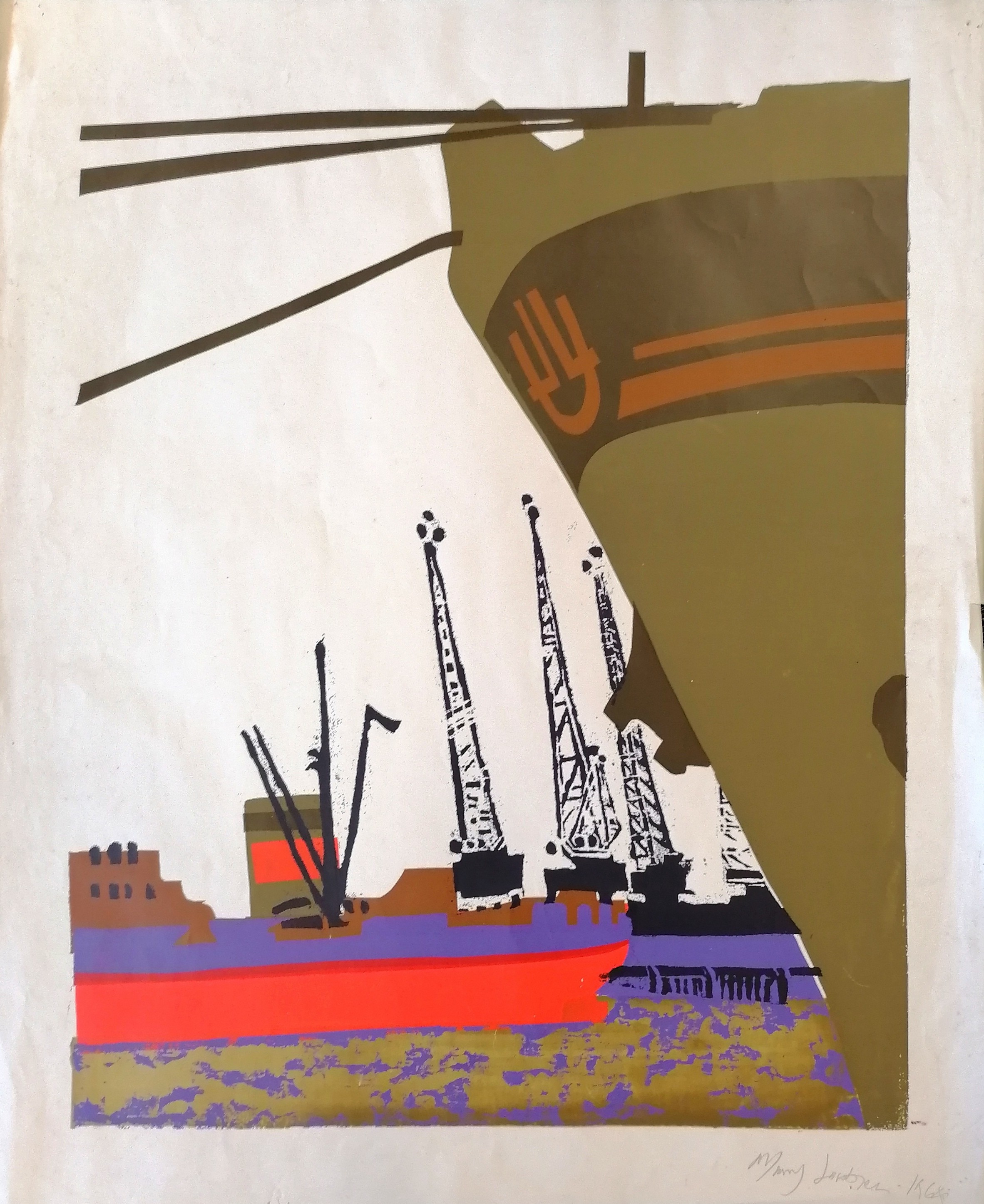 Mary Jacobsen (née Futo) 1964 screen print of the London docks signed and dated 63cm x 52cm - some