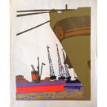 Mary Jacobsen (née Futo) 1964 screen print of the London docks signed and dated 63cm x 52cm - some