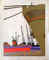 Mary Jacobsen (née Futo) 1964 screen print of the London docks signed and dated 63cm x 52cm - some