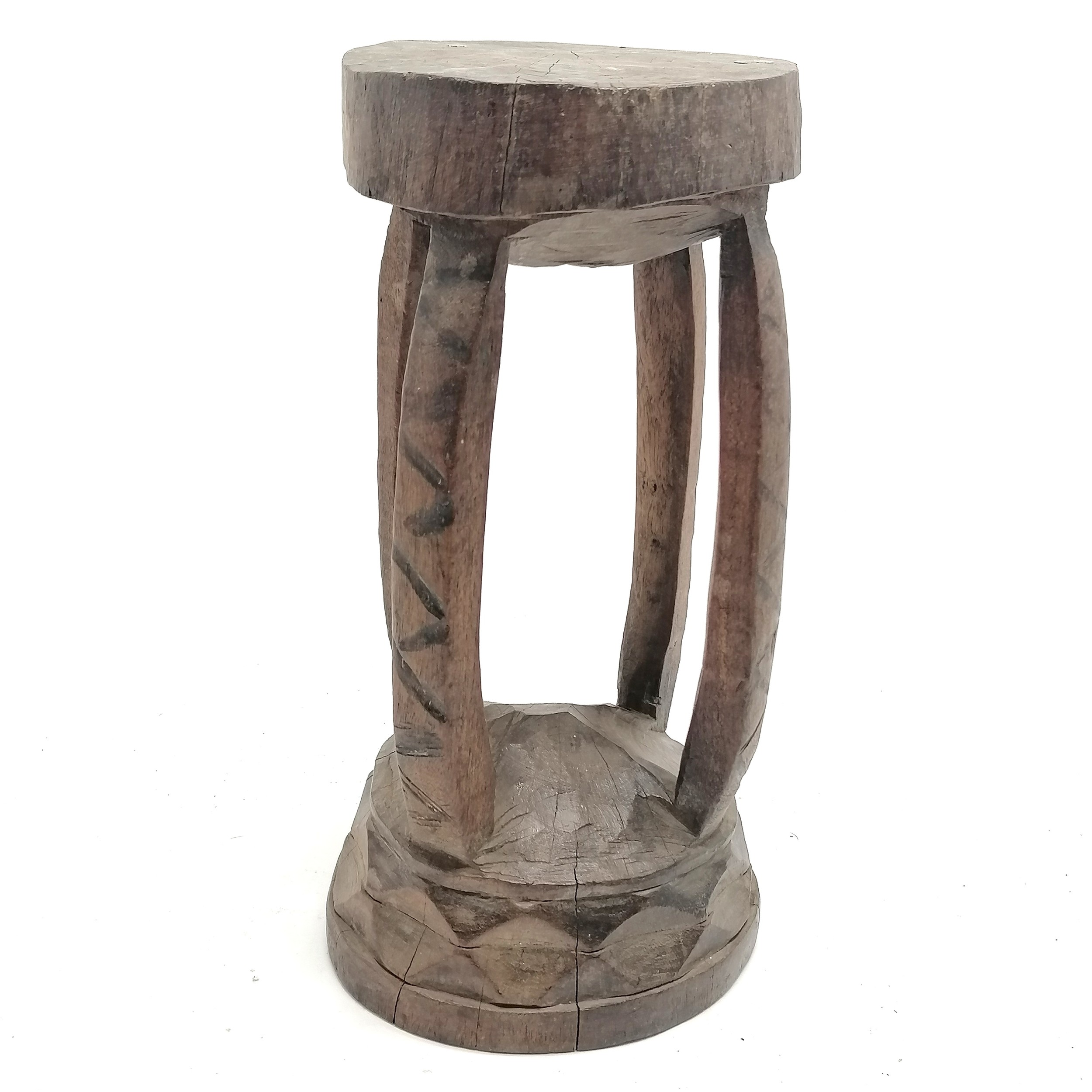 Tribal carved wooden stool43cm x 23cm - has loss to the top detail - some stress cracks - Image 3 of 3