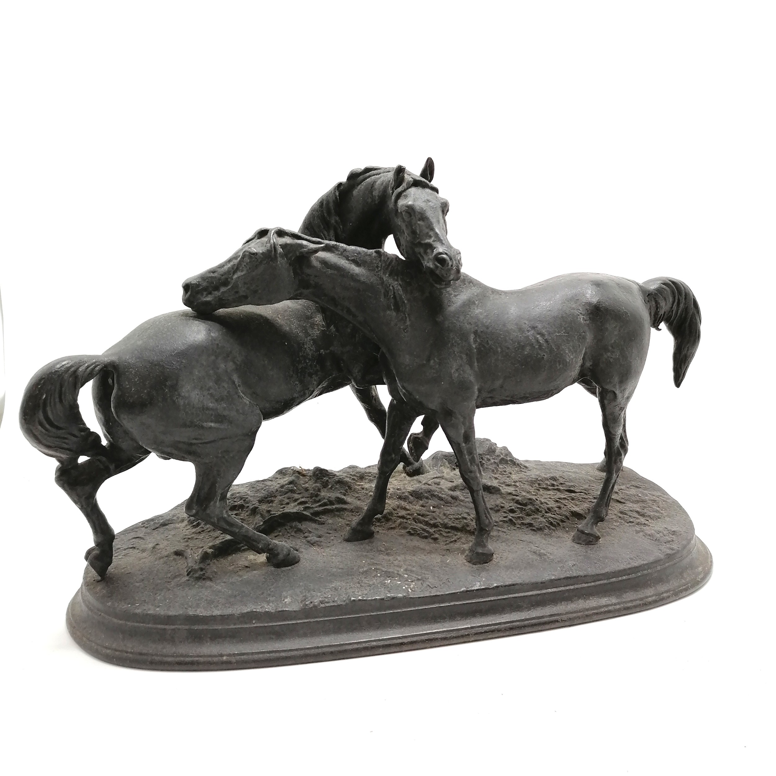Antique large spelter figure group of a pair of horses, signed P J Mene, in good overall - Image 2 of 4