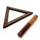 Antique triangular cribbage board with parquetry detail - 27.5cm across t/w turned wooden pencil box