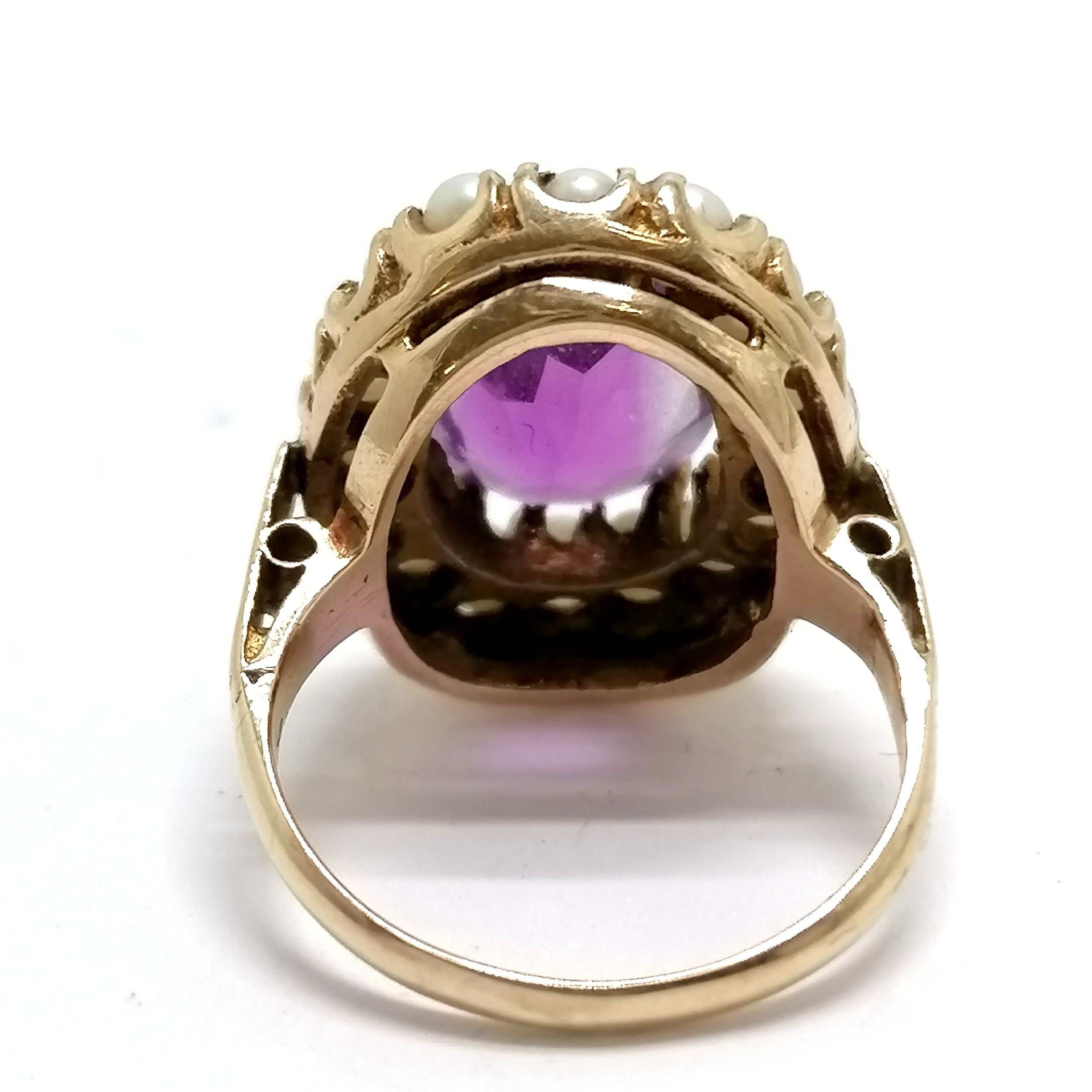 9ct hallmarked gold amethyst / pearl cluster ring - size J½ & 5.2g total weight ~ 1 pearl replaced & - Bild 3 aus 3