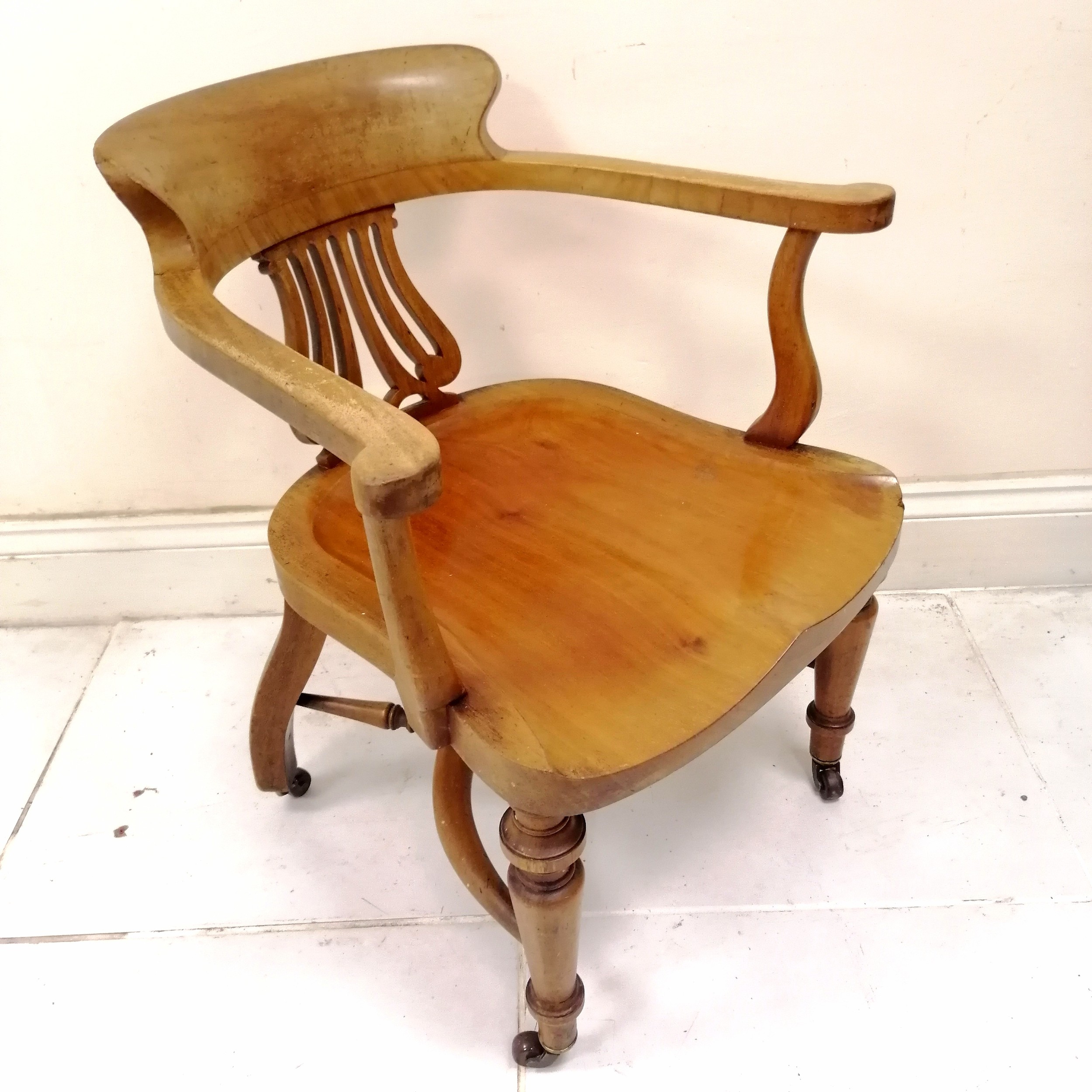 Antique bow back desk chair, on turned legs terminating ceramic castors, in good condition, 53 cm - Image 2 of 3