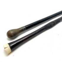 2 x antique walking sticks with horn & bone ends - longest 90cm