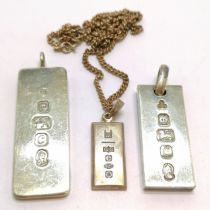 3 x silver ingot pendants (1 on 50cm silver chain) - total weight (lot) 78g
