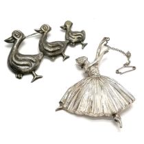 2 x silver brooches - ballerina (7cm) by D H Phillips (Frederick Massingham) & Mexican 3 ducks -