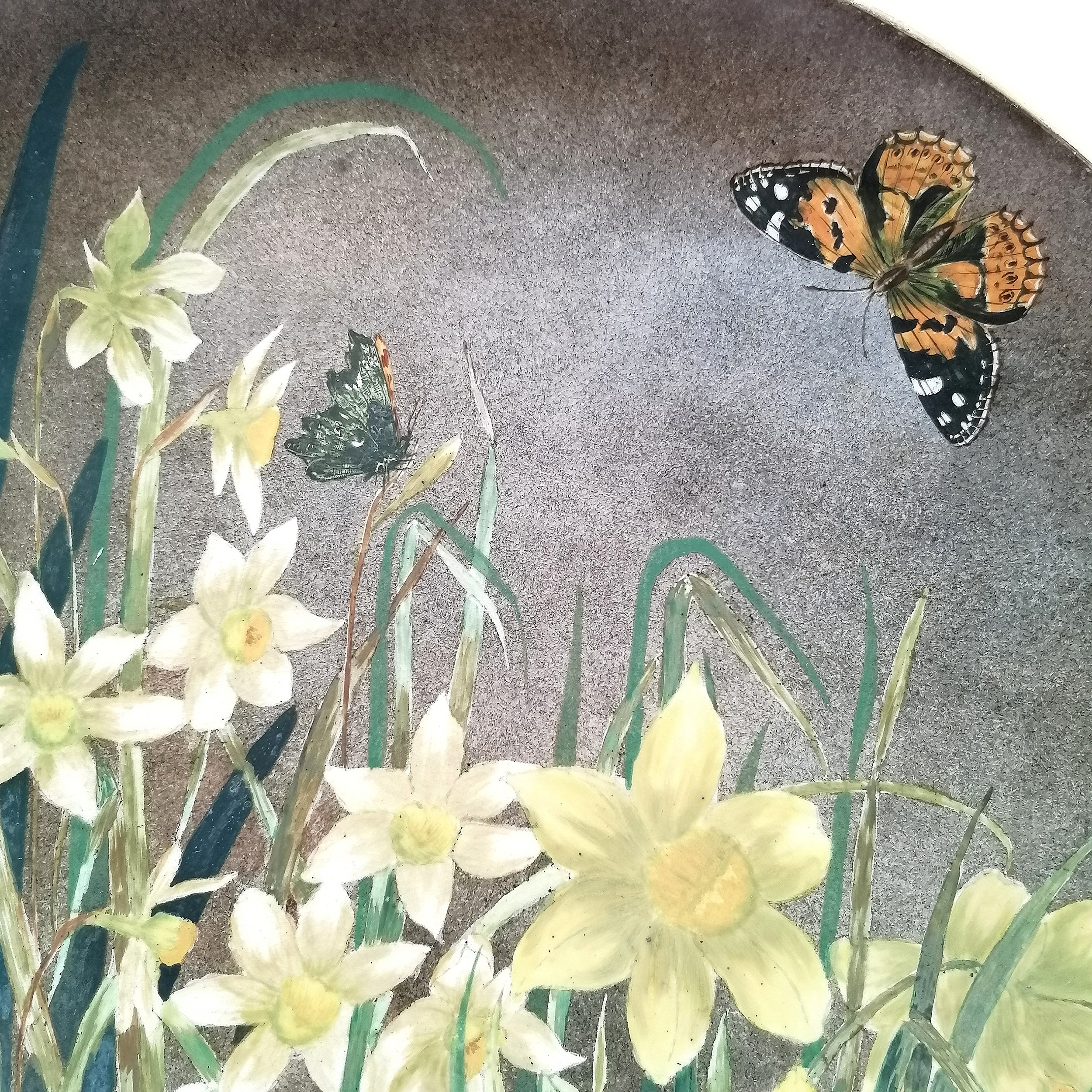 1883 May J Heyworth hand painted pottery wall charger titled 'Narcissus & daffodils' (with butterfly - Image 6 of 8