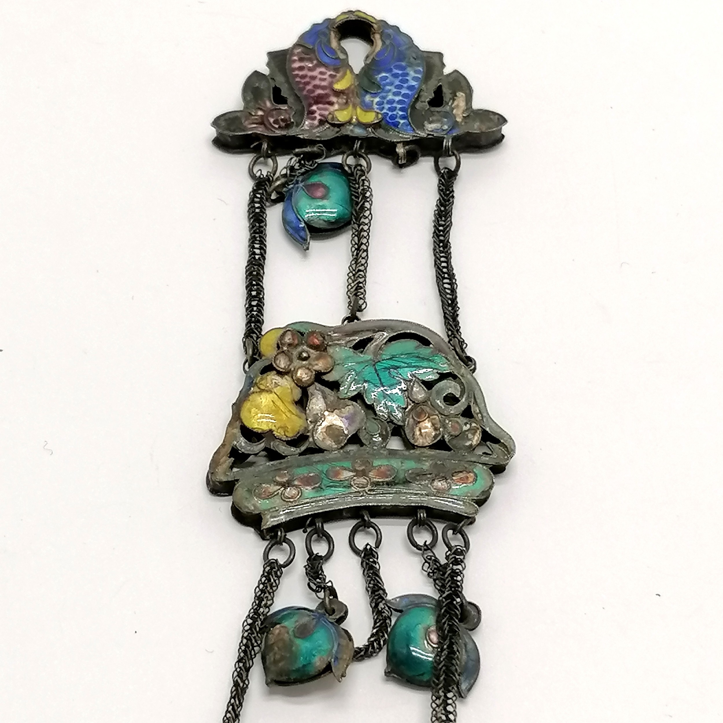 Antique Chinese unmarked silver & enamel hanging decoration - 18cm drop ~ 20g total weight & has - Image 3 of 5