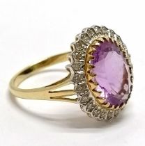 9ct hallmarked gold amethyst & diamond cluster ring - size U & 4.8g total weight