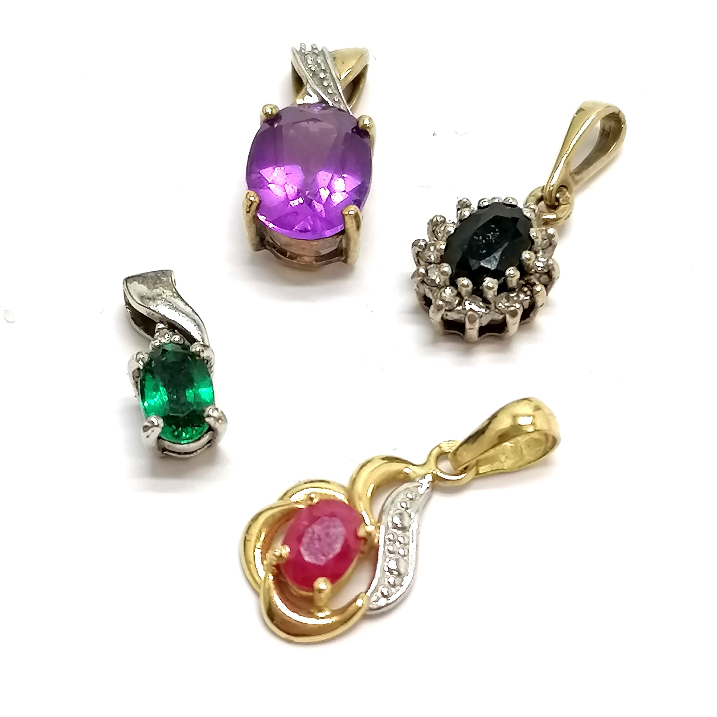 4 x gold stone set pendants - 18ct ruby & rest 9ct inc amethyst, sapphire / diamond cluster etc -