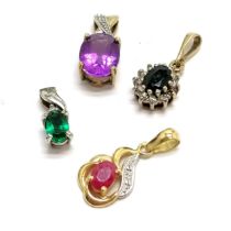 4 x gold stone set pendants - 18ct ruby & rest 9ct inc amethyst, sapphire / diamond cluster etc -