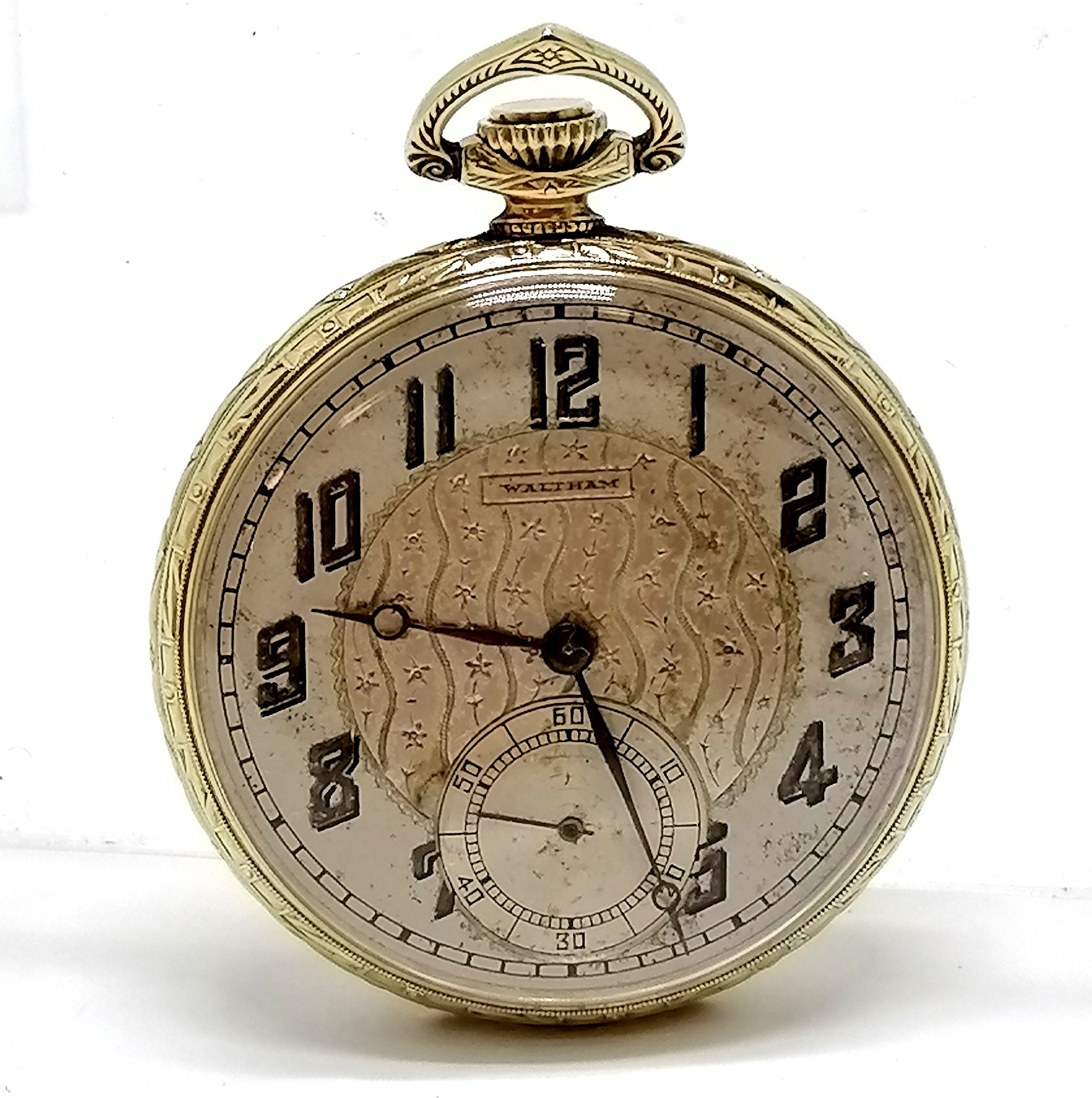 Waltham 14ct gold filled Art Deco pocket watch - 42mm case & some deterioration to dial and otherwis