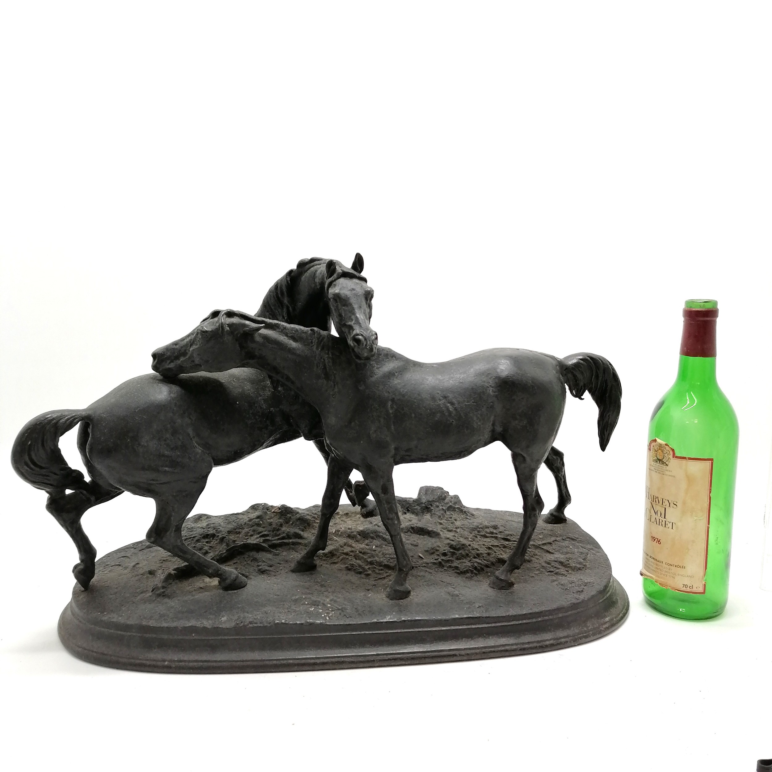 Antique large spelter figure group of a pair of horses, signed P J Mene, in good overall