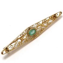 10ct marked gold filigree brooch set with blue stone + seed pearls - 5.2cm & 2.5g total weight