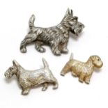 3 x antique silver marked dog brooches - largest 6.5cm across & total weight (3) 46g