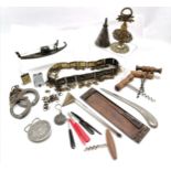 Qty of oddments inc vintage handcuffs (with key), oil can, paper knives, corkscrews, perfume