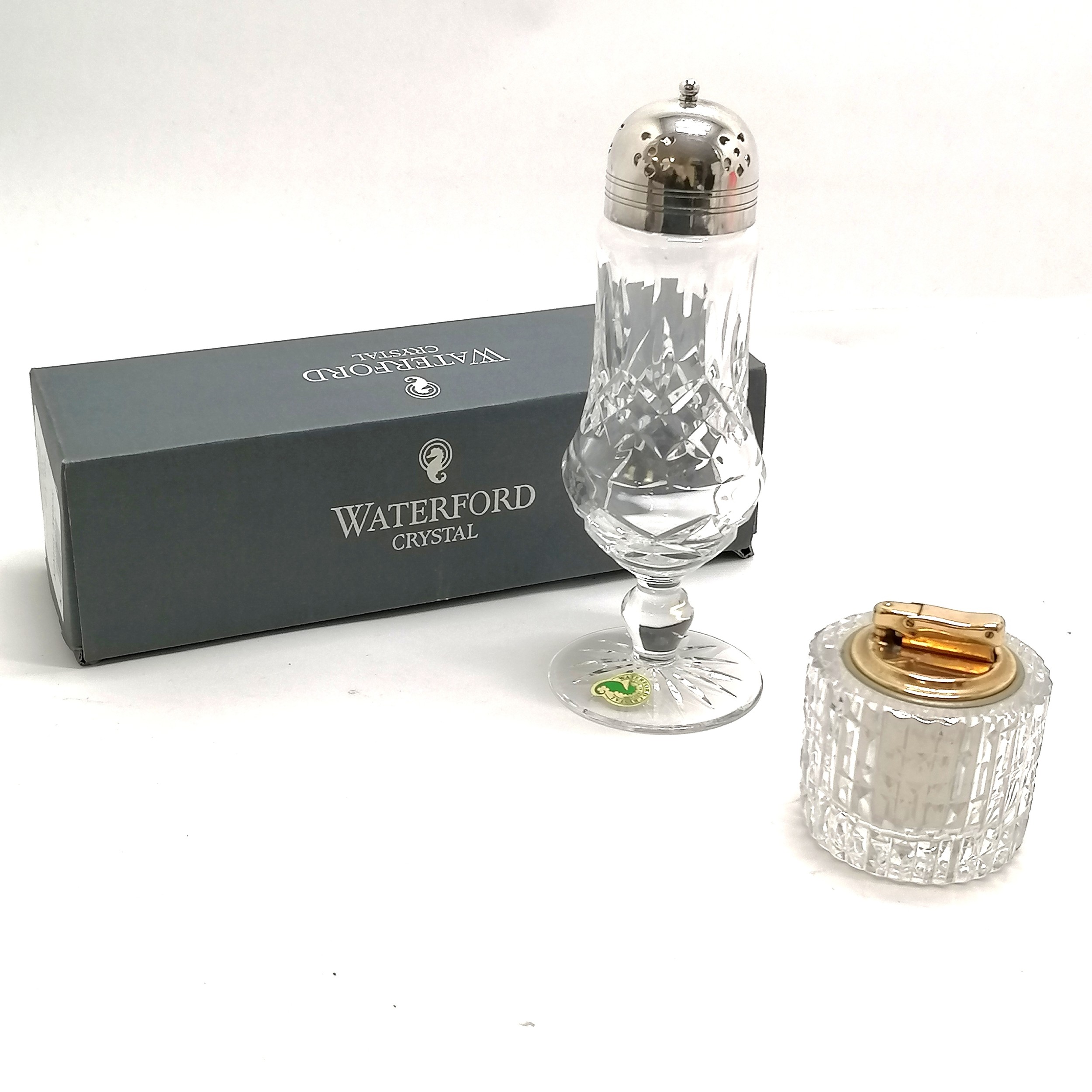 Waterford crystal sugar castor boxed 30cm high T/W a Collbri Webb Corbett crystal table lighter