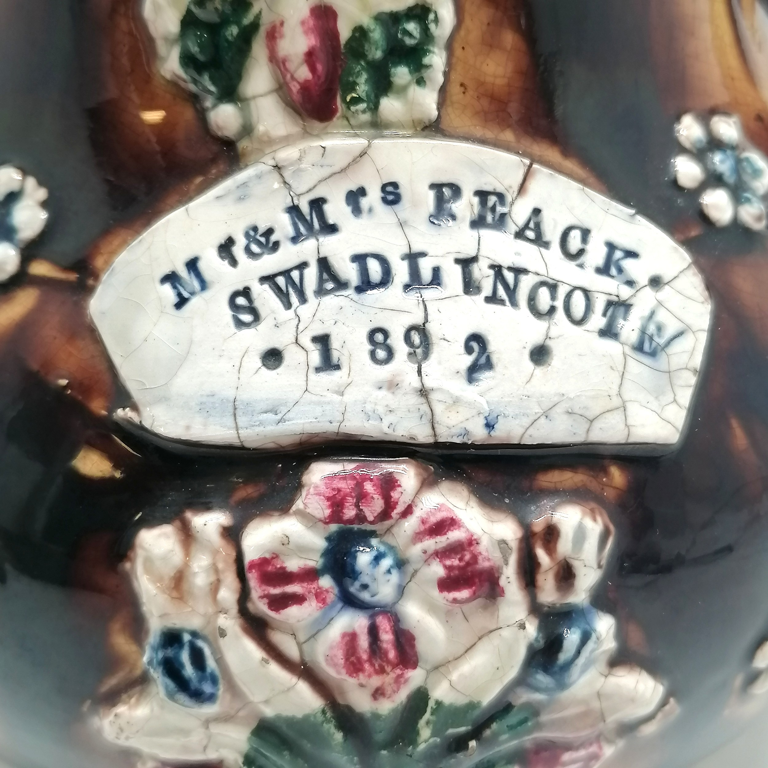 Antique bargeware treacle glaze teapot bearing plaque Mr & Mrs Peack (Peacock) Swadlincote 1892 with - Image 4 of 4