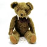 Vintage green mohair jointed Teddy bear 'Knickerbocker' c1940 with glass eyes and stitched nose