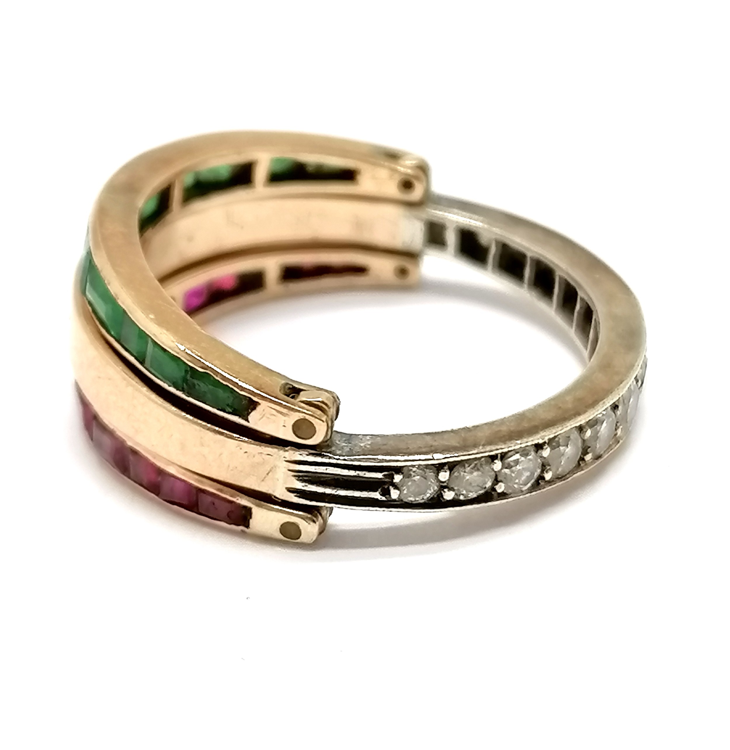Unmarked gold reversible / flip over ring channel set with diamond / ruby / emerald - size R½ & 5.3g