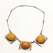 875 silver & (3 large cabochon) amber panel necklace - 45cm & 35g total weight