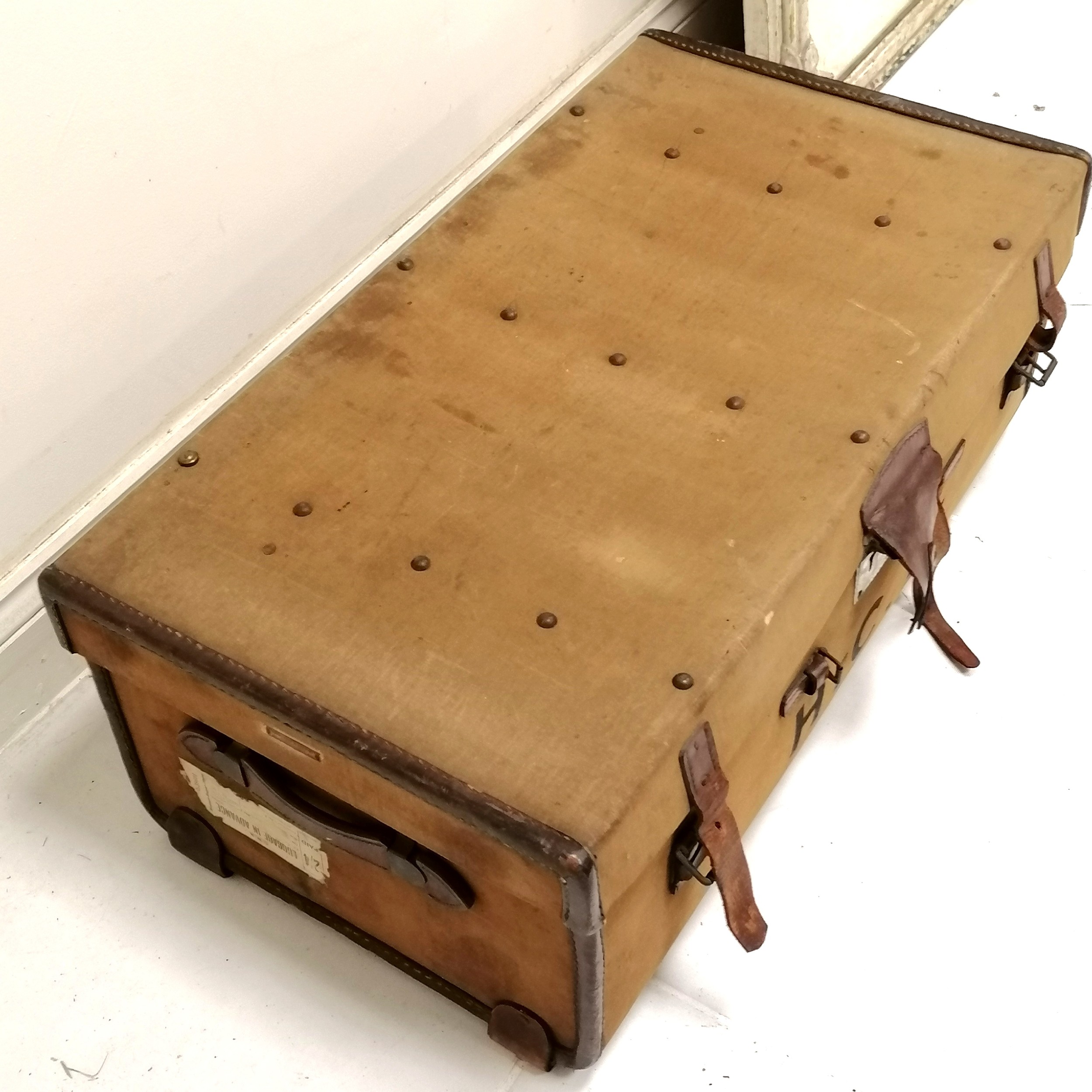 Vintage canvas with leather mounted trunk, bears the initials H C W with original key and makers - Image 2 of 4