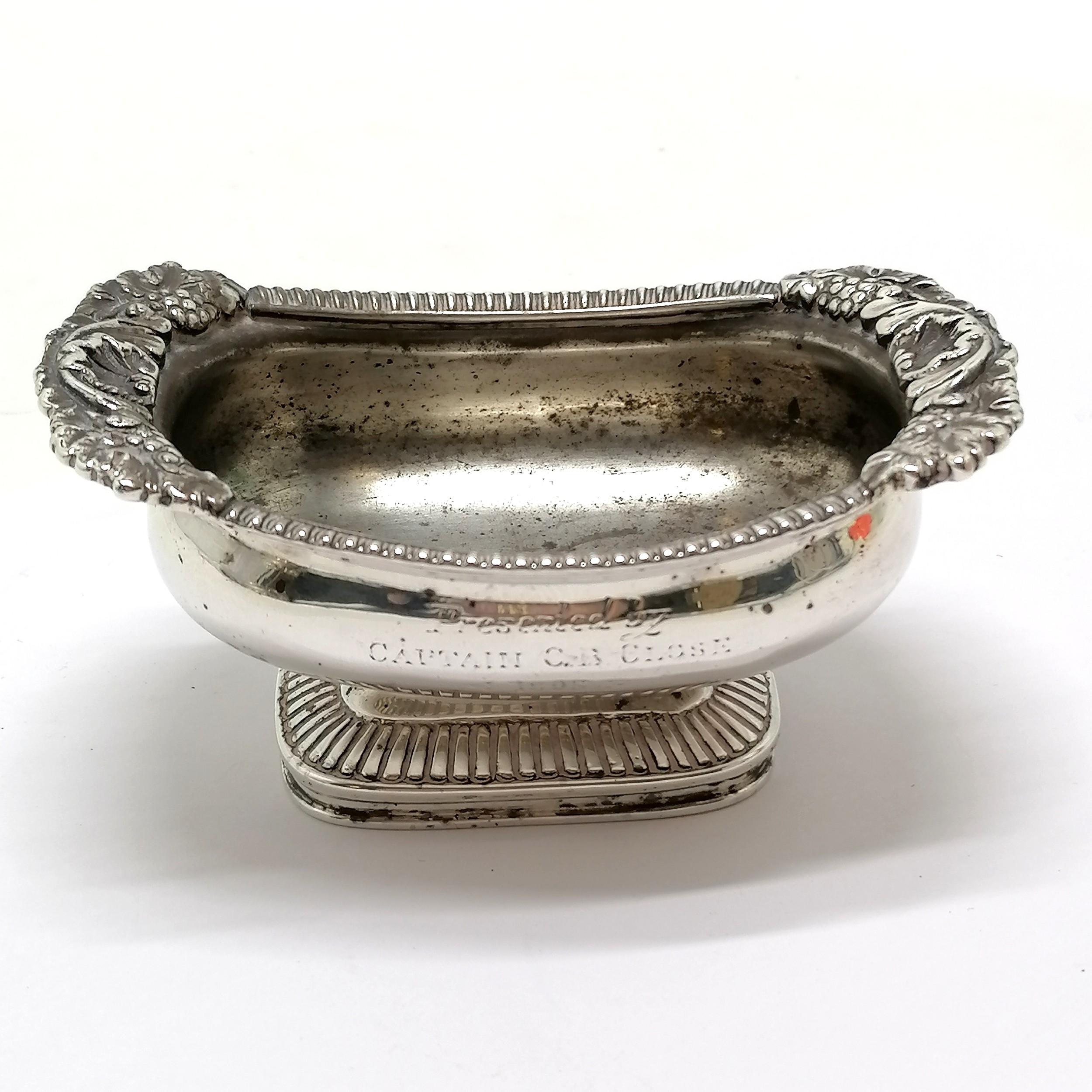Silver salt cellar by Lambert & Co (George Lambert) with 1895 inscription Presented by Captain C B
