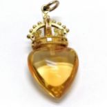 Antique unmarked gold citrine heart with crown detail pendant - 4cm drop & 6.3g total weight ~ stone