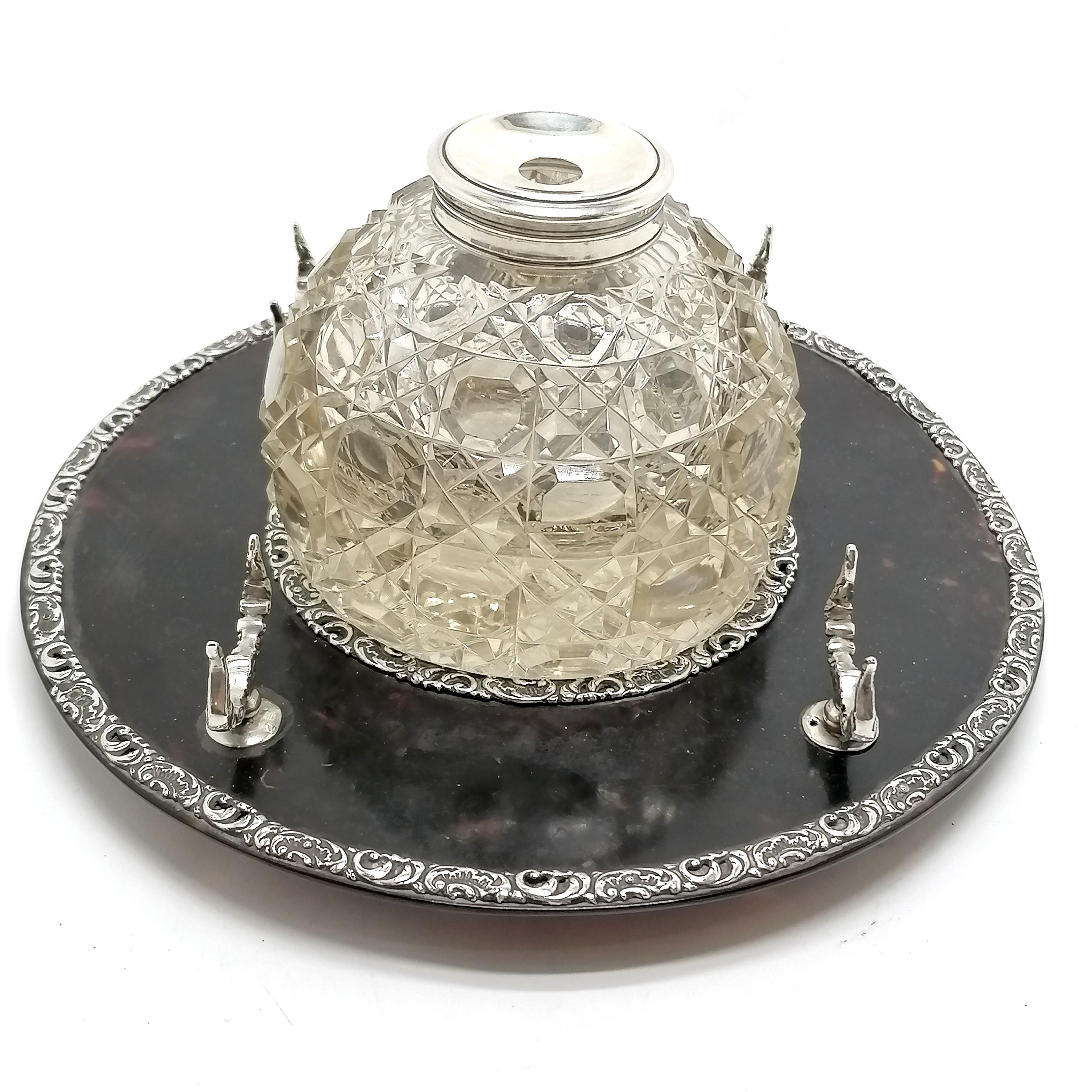 1899 Goldsmiths & Silversmiths Co Ltd silver & tortoiseshell deskstand / standish with hobnail cut - Image 6 of 6