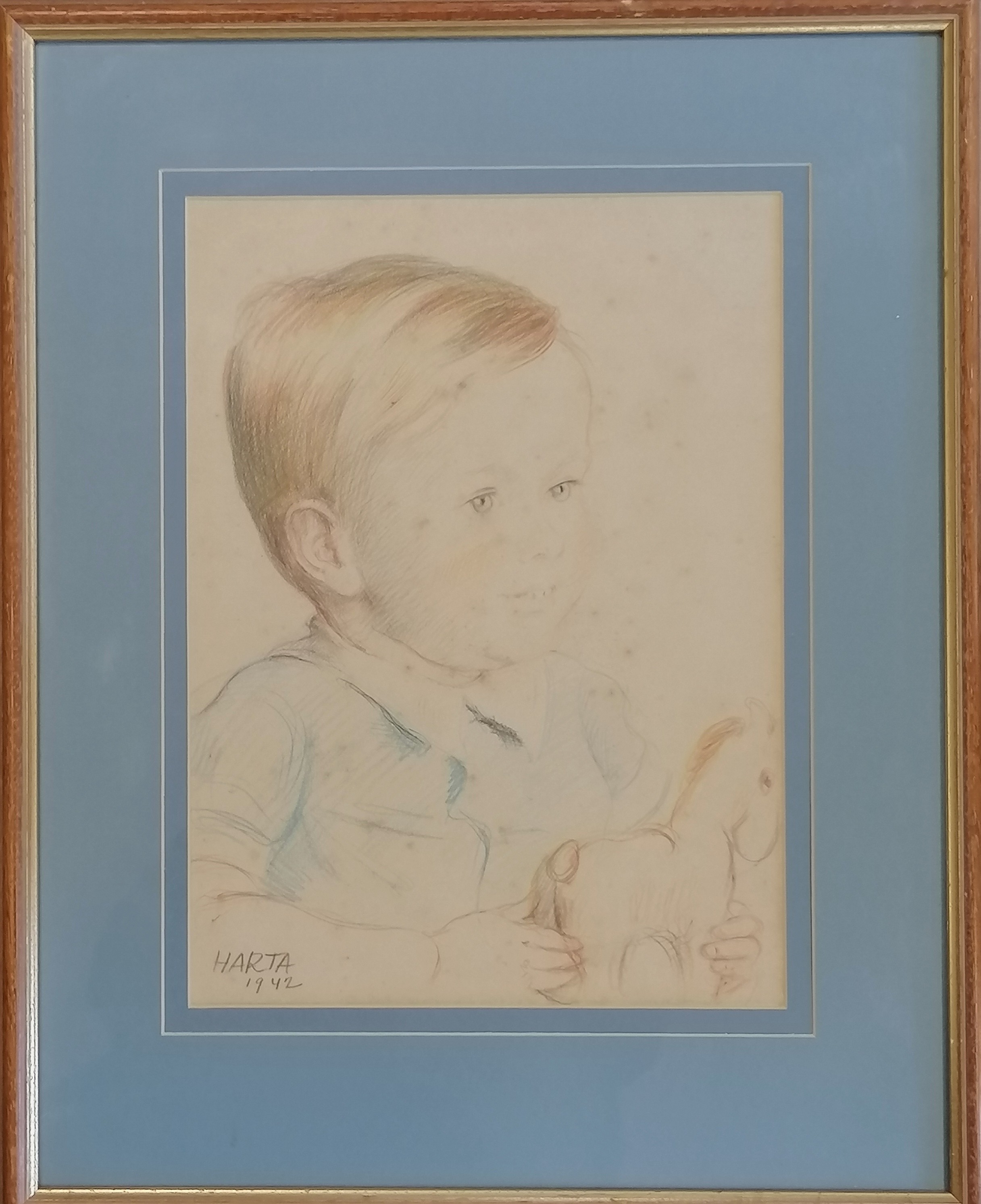 Felix Albrecht Harta (1884-1968) crayon sketch of young boy with toy horse dated 1942 - frame 58cm x - Image 3 of 3