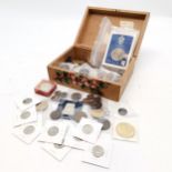 Qty of British & world coins / medallions / tokens in a wooden box decorated with flowers