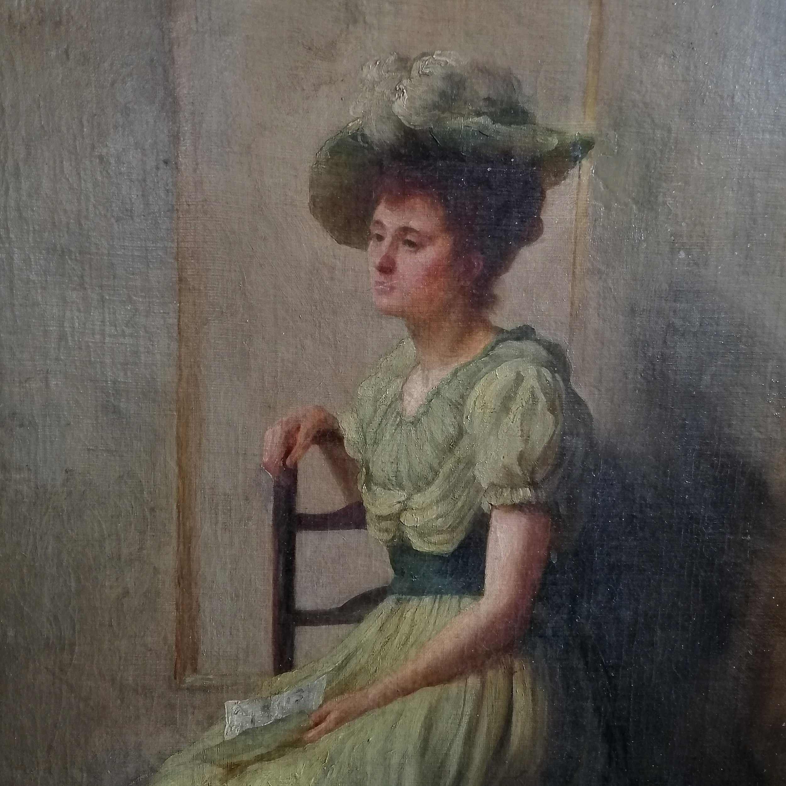 Large oil on canvas painting of a seated lady (self portrait?) by Harriet Staite - frame 116cm x - Image 2 of 8