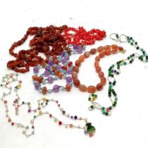 Long strand of raw amber beads (200cm & 77g) t/w 3 x coral and hardstone bead necklaces - SOLD ON