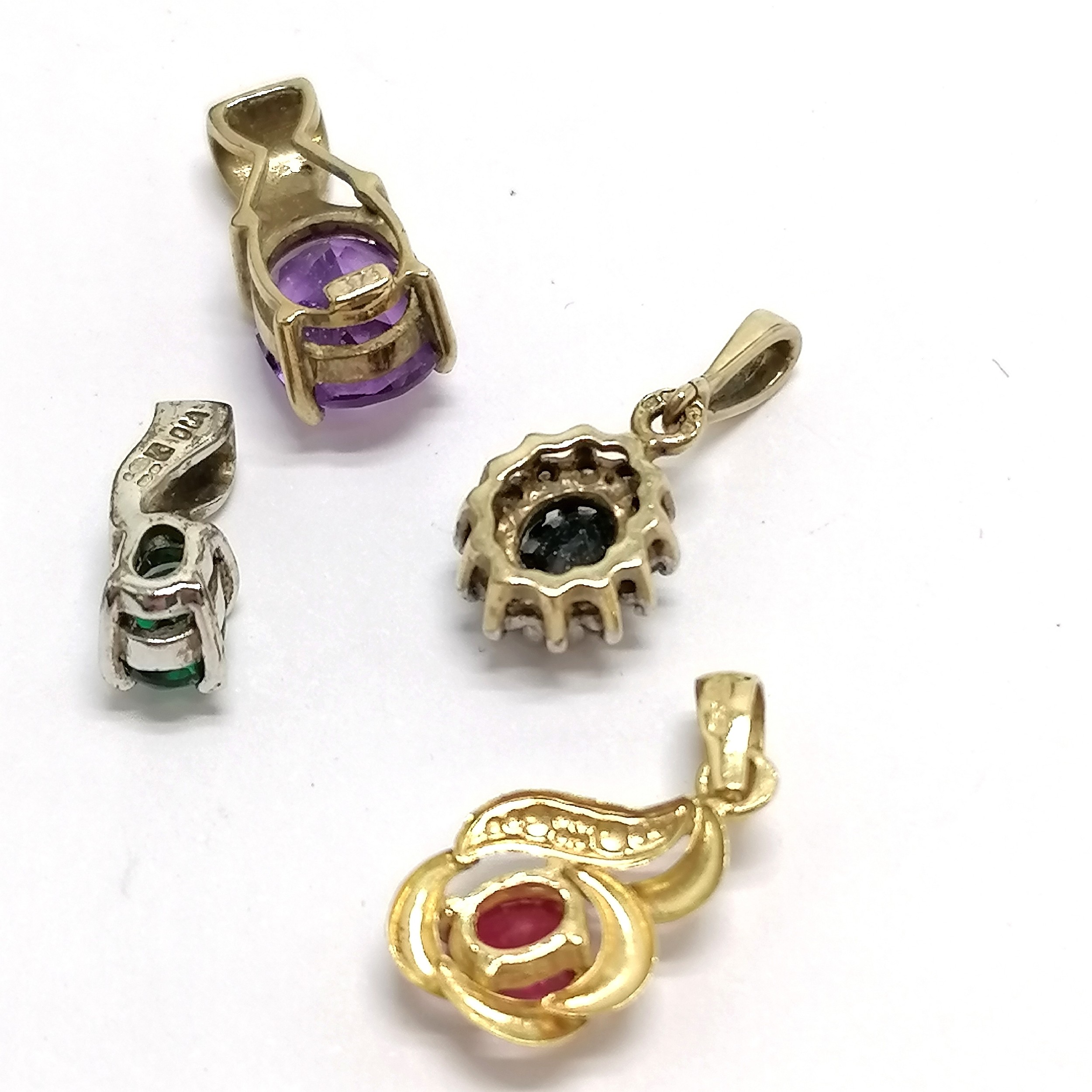4 x gold stone set pendants - 18ct ruby & rest 9ct inc amethyst, sapphire / diamond cluster etc - - Image 2 of 2