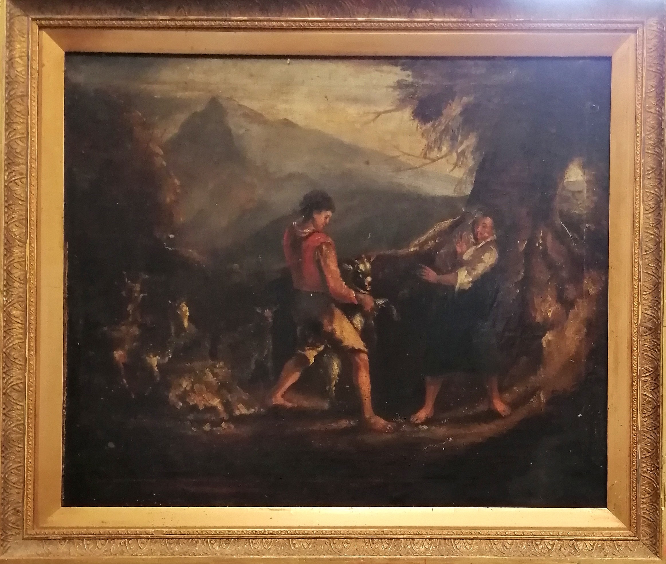 Antique oil on canvas of 2 boys with goats unsigned, framed 94cm x 80cm - has been relined and