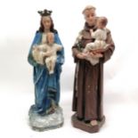 2 vintage hand painted plaster religious figures, Madonna and child and Saint Antonio and child 54cm