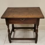 Antique oak side table with single frieze drawer, on turned column supports - 81cm width x 59cm deep