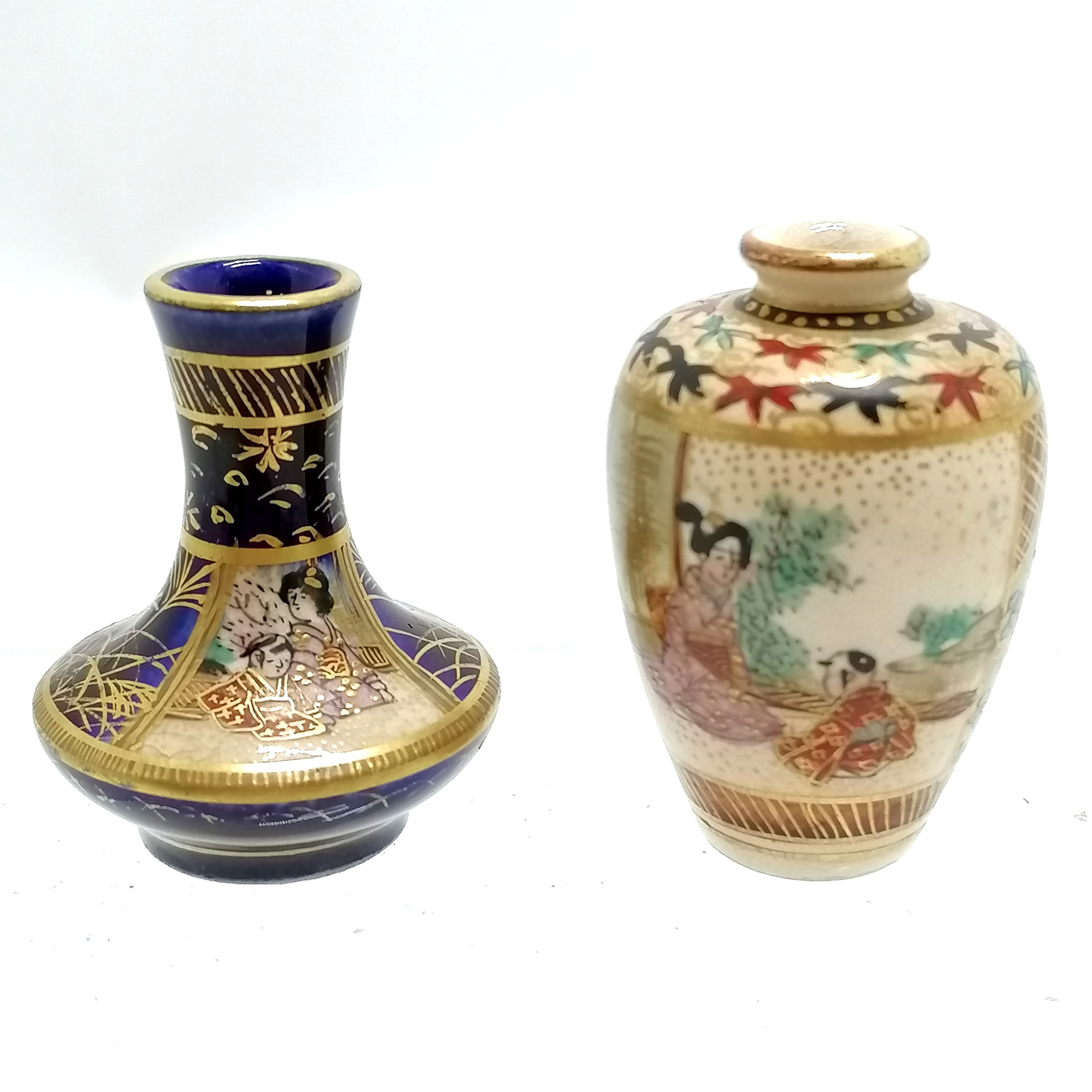 2 x miniature Japanese satsuma vases with character marks to bases - tallest 4.5cm high & no obvious