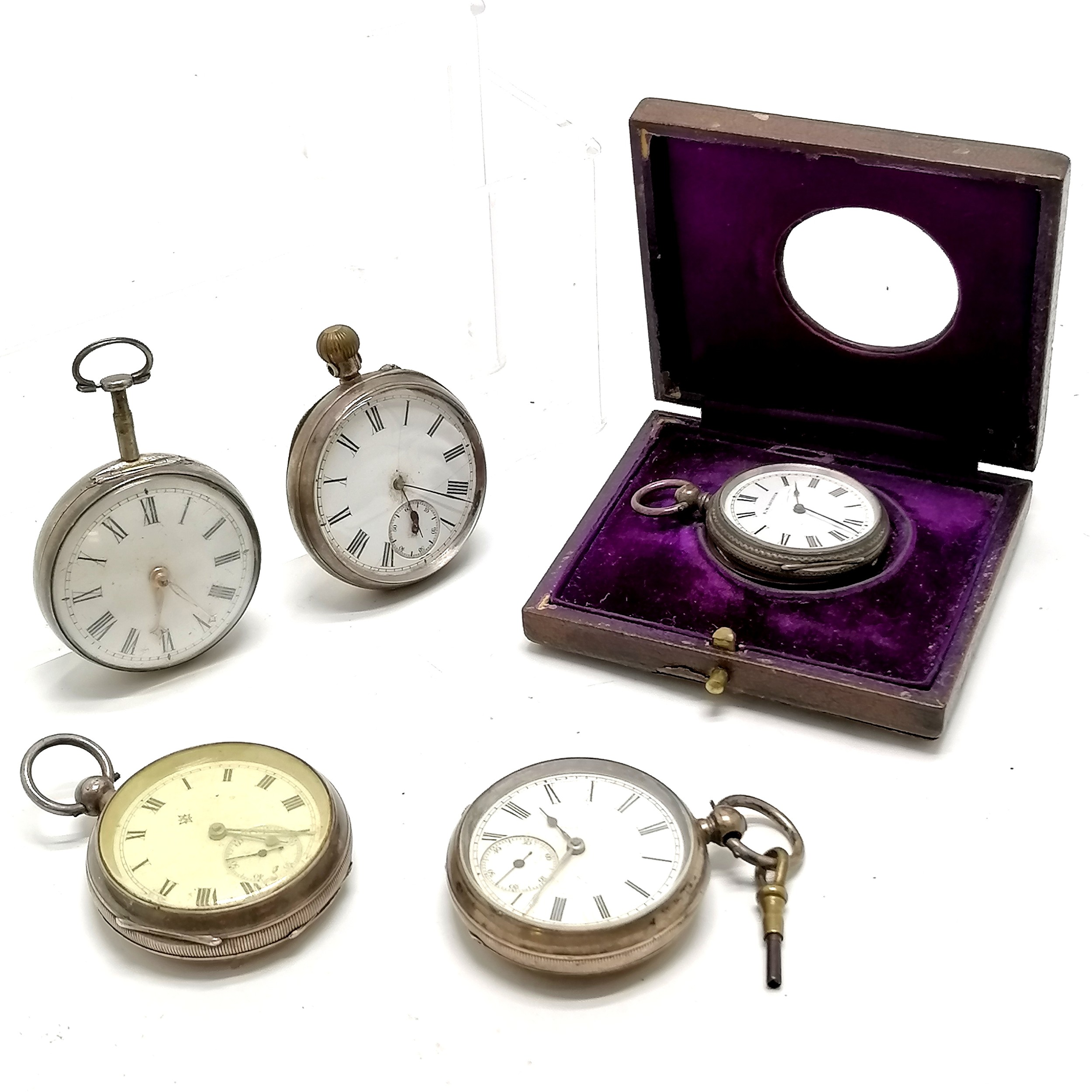 5 x antique silver cased pocket watches (J W Benson (runs) in original fitted display box) ~ for
