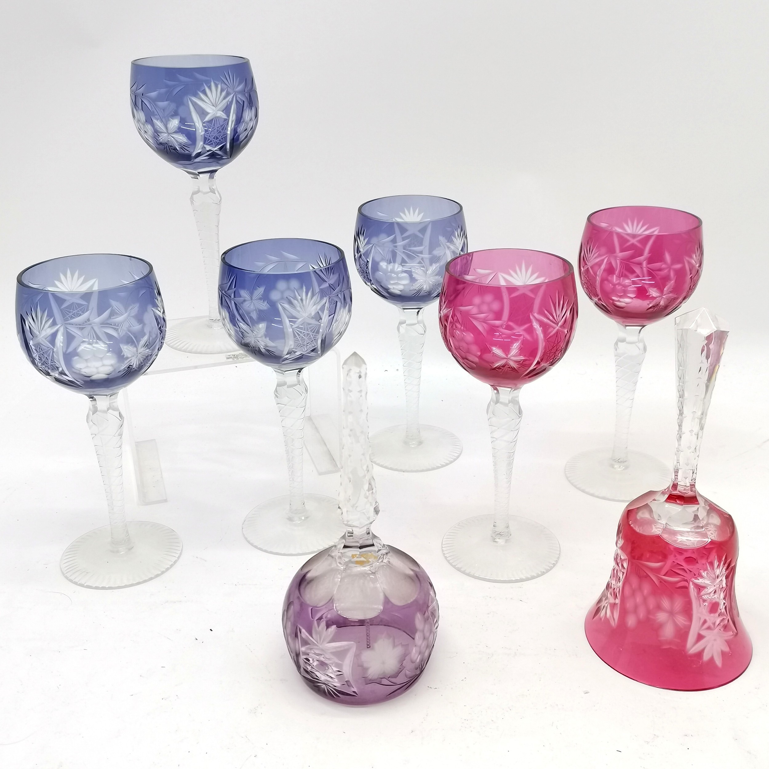 6 x Hand cut crystal hock/ wine glasses in purple and cranberry bowls t/w 2 hand cut crystal bells -