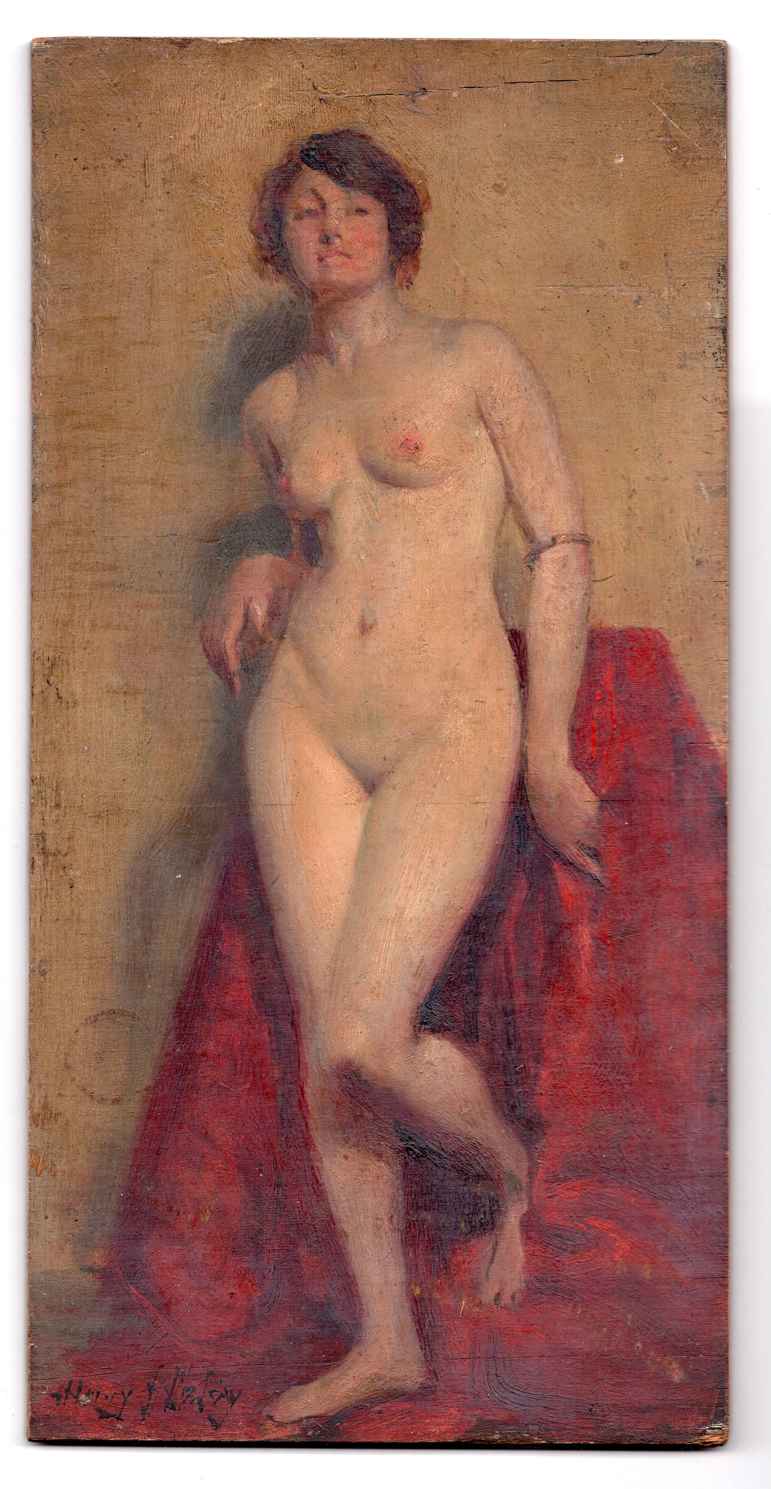 Henry James Haley (1874-1964) signed oil painting on board of a standing nude lady with label