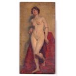 Henry James Haley (1874-1964) signed oil painting on board of a standing nude lady with label