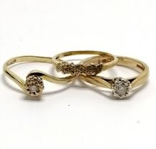 3 x 9ct hallmarked gold diamond set rings (inc 2 solitaires) - size L to R½ & 5.6g total weight