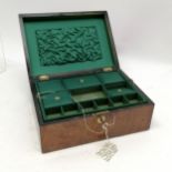 Victorian mahogany sewing box with green silk lining and fitted interior, in good condition, 27 cm