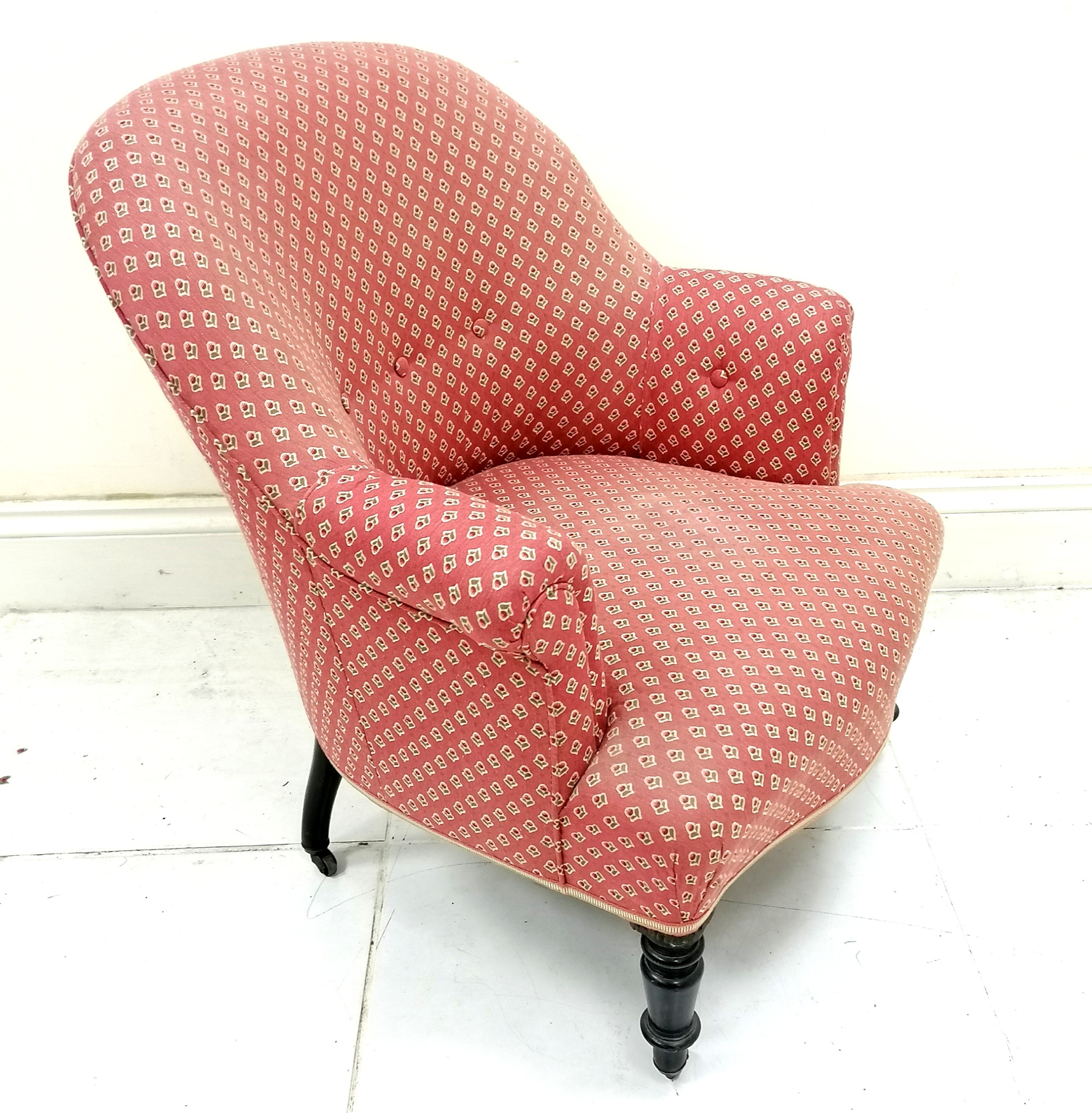 Victorian pink & floral upholstered side chair, in used condition, 69 cm wide x 74 cm deep x 82 cm